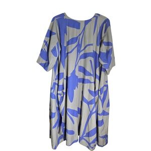 Gershon Bram Grey Blue Abstract Leaf Print Cotton Lagenlook Shift Dress Size M